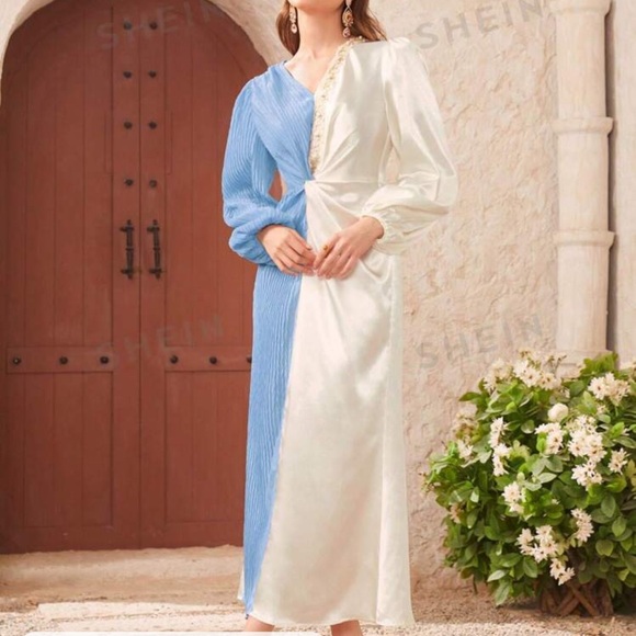 Mulvari Women's Color Block Twisted Strap Weave Patchwork Lantern Sleeve Dress - Picture 2 of 4